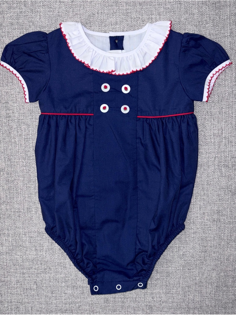 The Proper Peony 18m EUC Classic Navy Romper with White Ruffle Collar